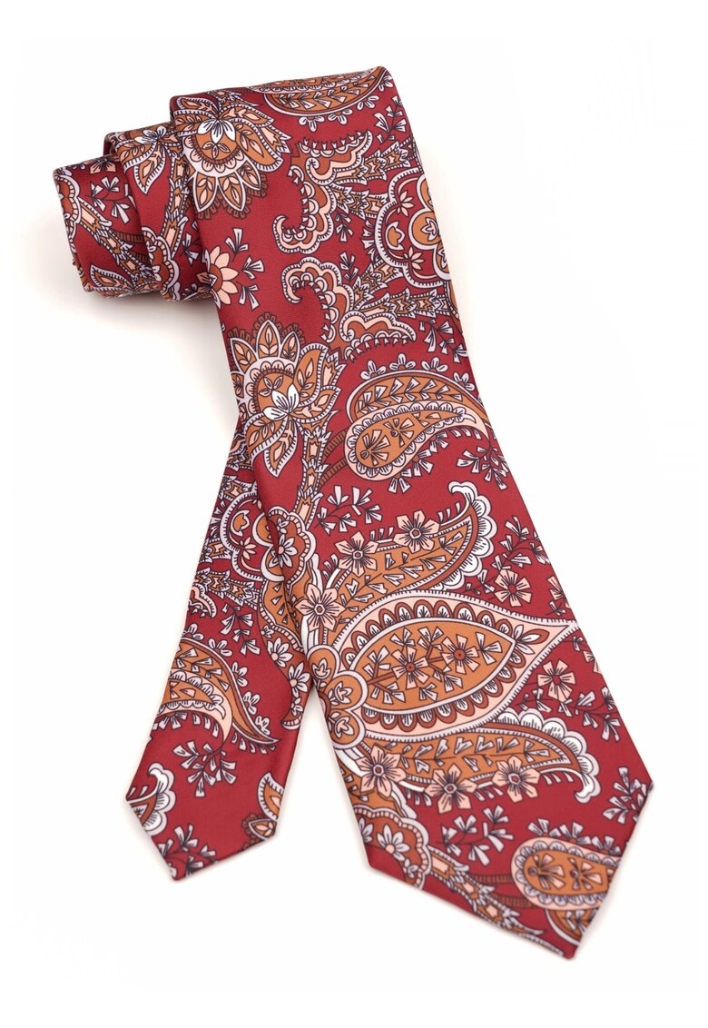 Cravata clasica burgundy cu imprimeu paisley portocaliu