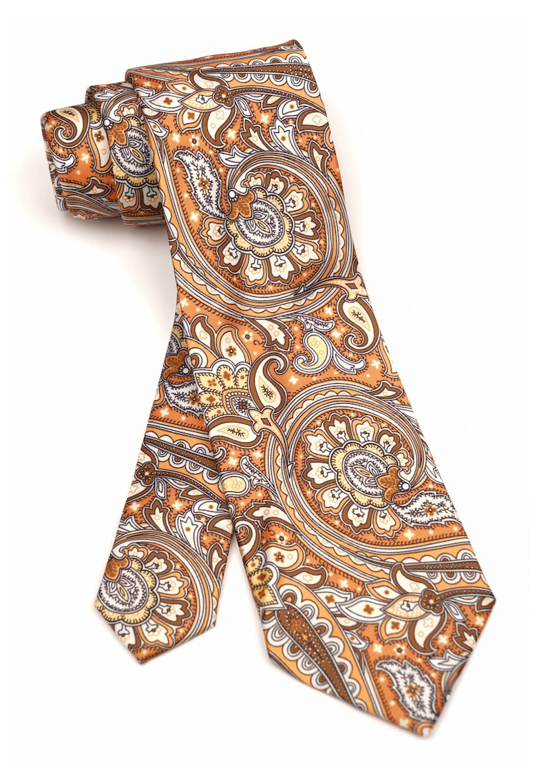 Cravata clasica maro cu imprimeu paisley auriu
