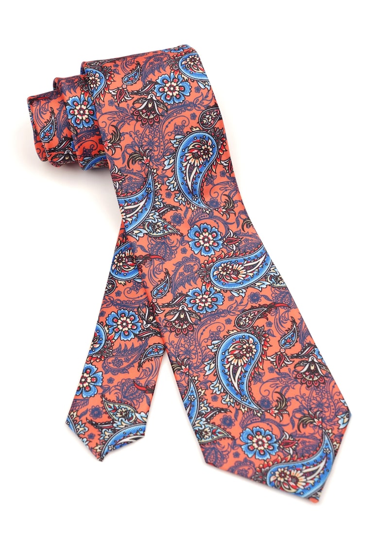 Cravata clasica corai cu imprimeu paisley albastru