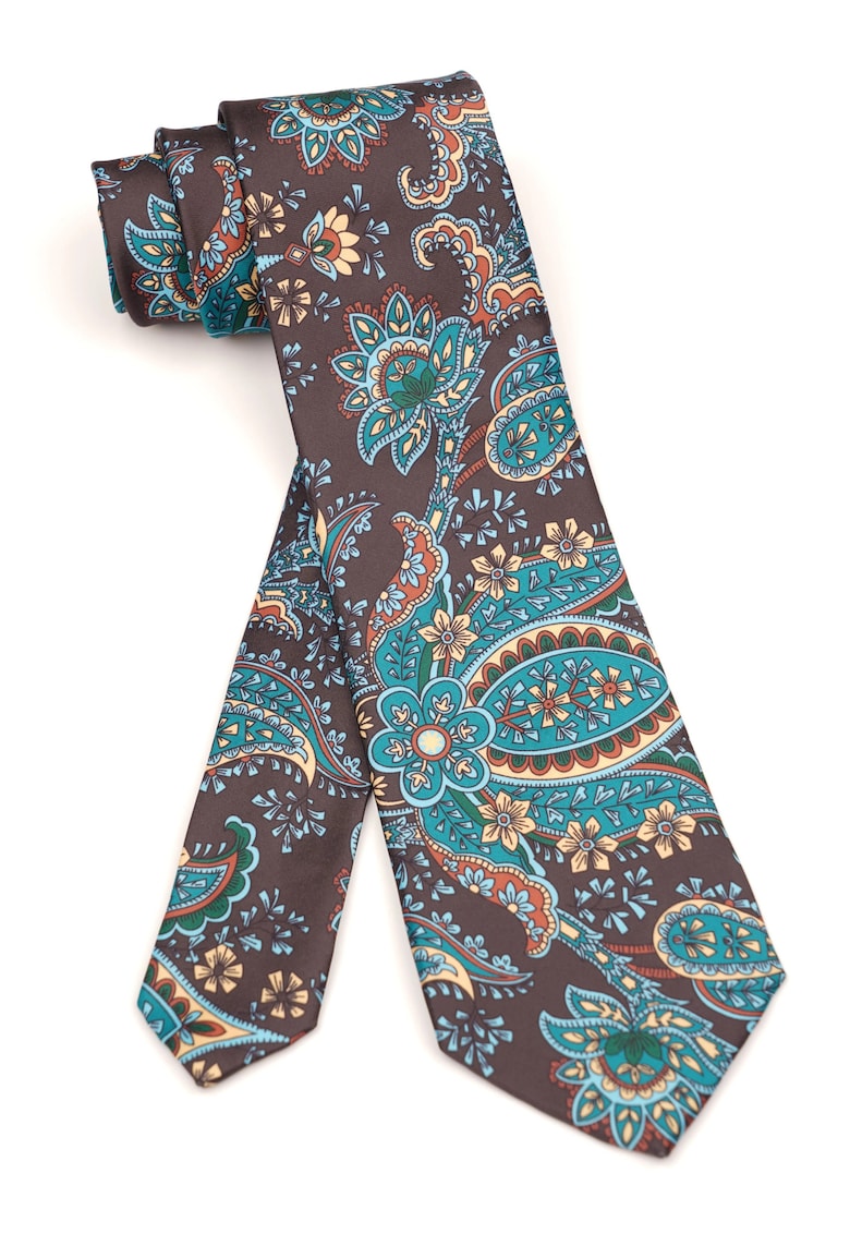 Cravata clasica maro cu imprimeu paisley verde si auriu