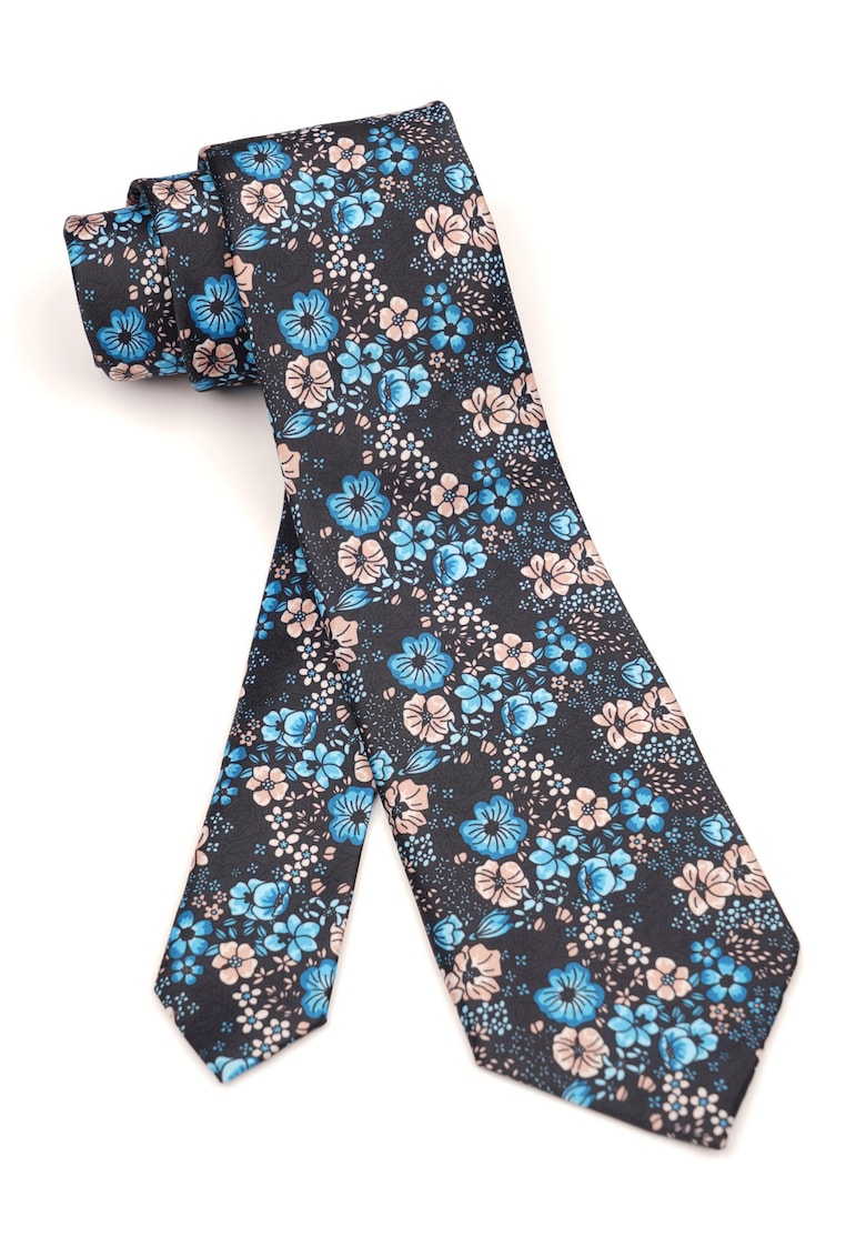 Cravata clasica neagra cu imprimeu floral albastru si bej
