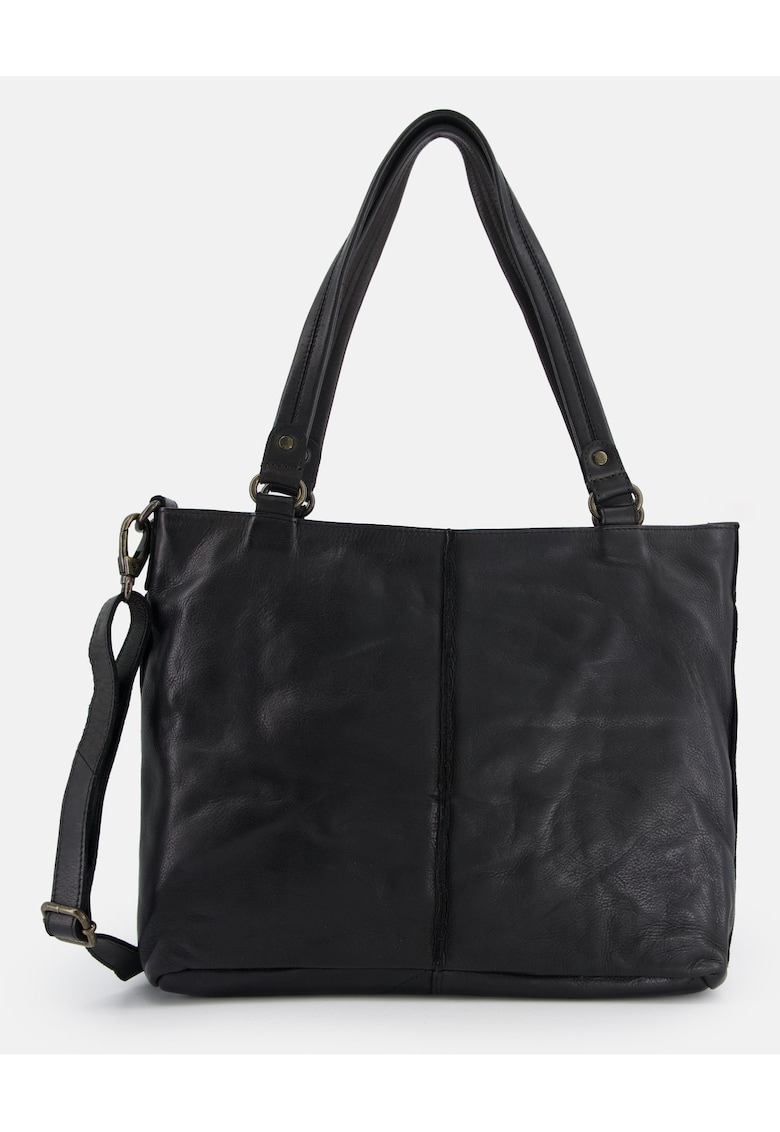 Geanta shopper din piele naturala - neagra - 34x29x11cm - cu curea detasabila de max. 150cm - 3 buzunare interioare - 1 buzunar exterior