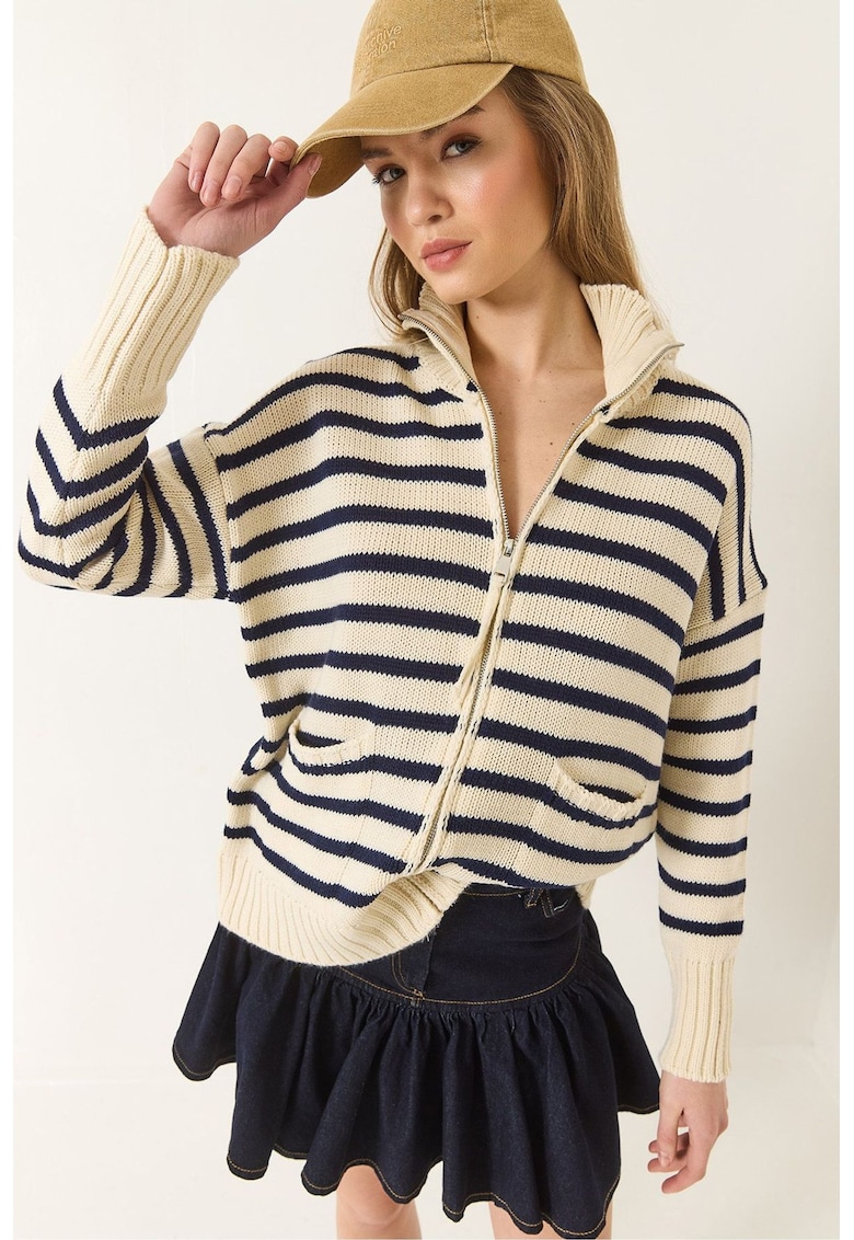 Pulover dama - cardigan tricotat cu dungi - guler cu fermoar - ecru - tricot -