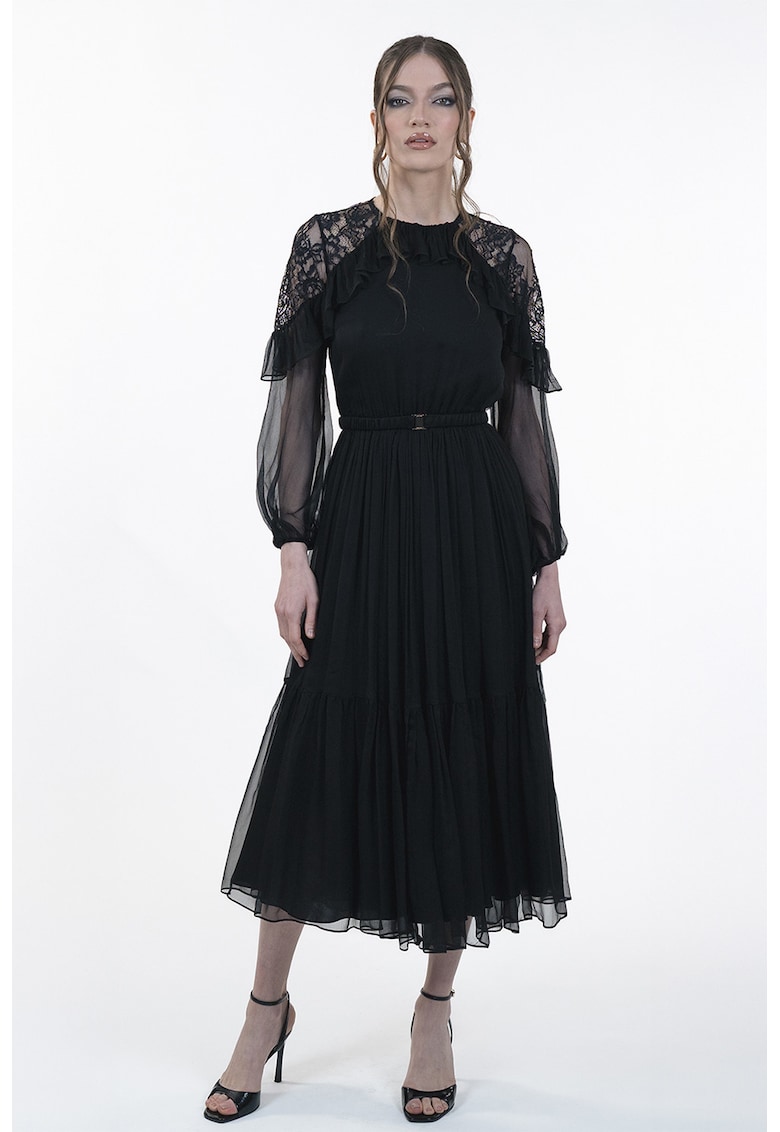 Rochie de matase cu garnituri de dantela pe umeri - Negru