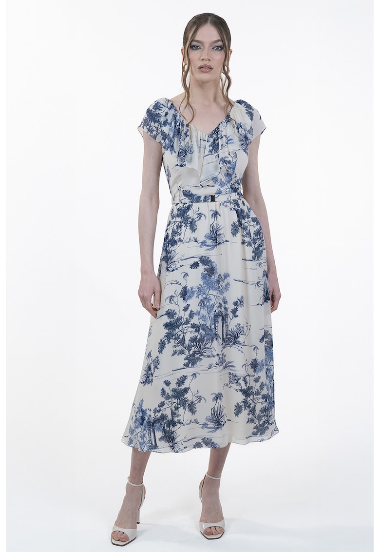 Rochie cu model floral si maneci scurte - Alb murdar/Bleumarin