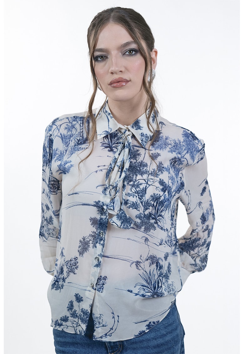 Camasa semi-transparenta cu model floral - Alb murdar/Bleumarin