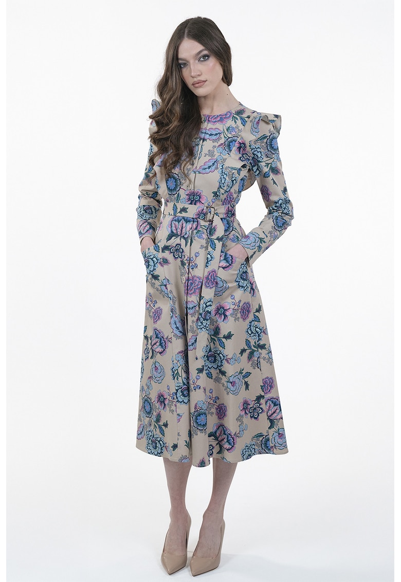 Rochie cu buzunare laterale si imprimeu - Alb fildes/Lila/Albastru