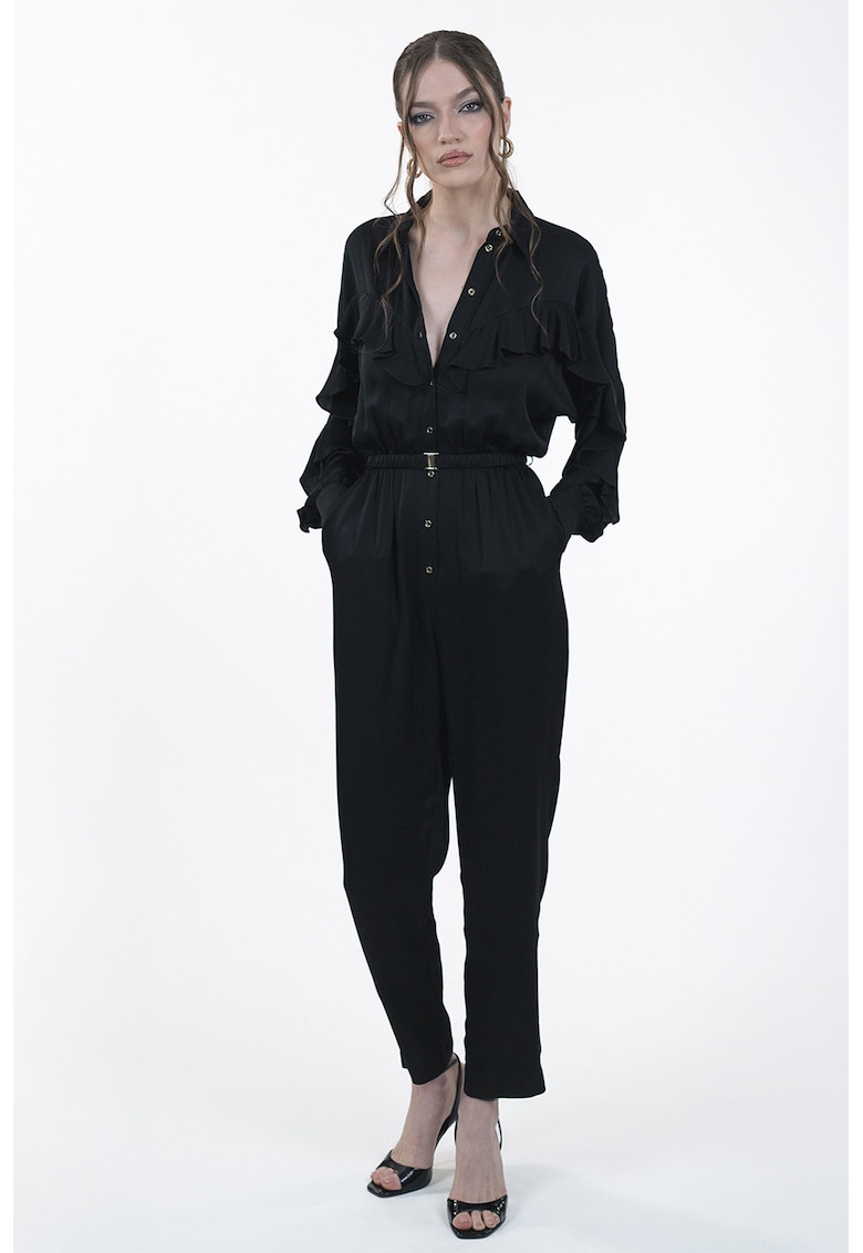 salopeta de satin cu maneci lungi si volane - Negru