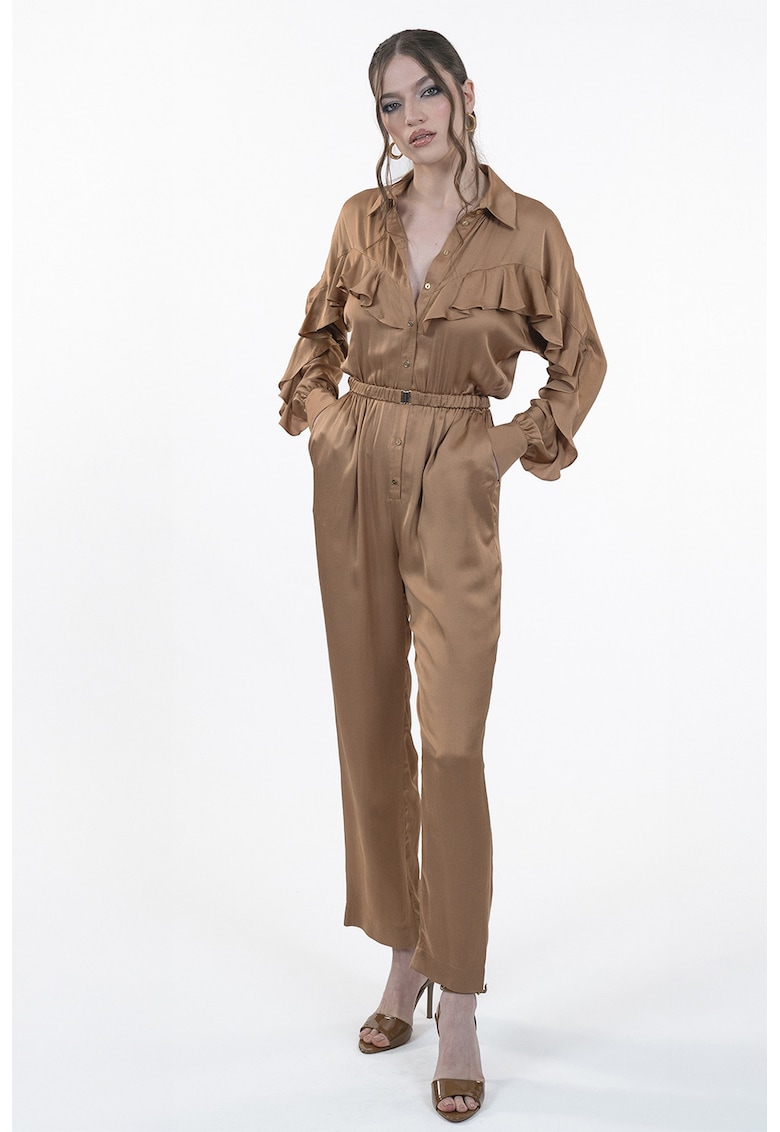 salopeta de satin cu maneci lungi si volane - Maro camel
