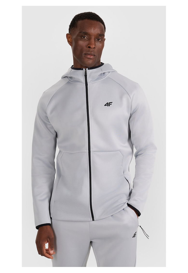 Hanorac Antrenament Barbati Gri Deschis cu Fermoar si Gluga - Flexibil si Uscare Rapida - 290gsm - Poliester-Elastan - Marime