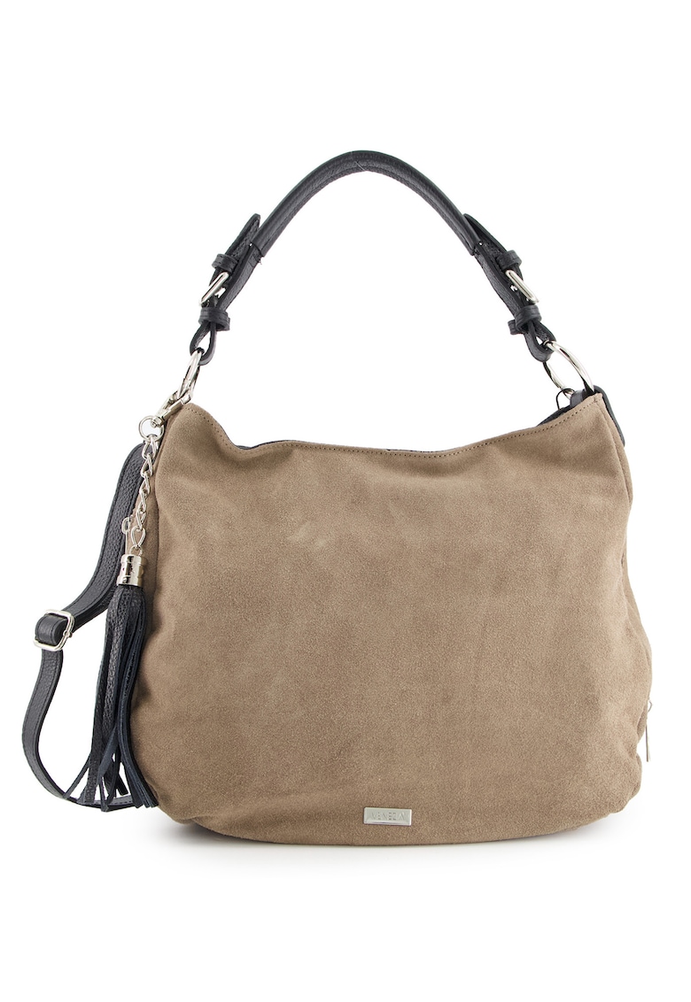 Venezia Geanta dama din piele intoarsa - maro - 28x34x10cm - cu curea detasabila - 4 compartimente interioare - 3 exterioare