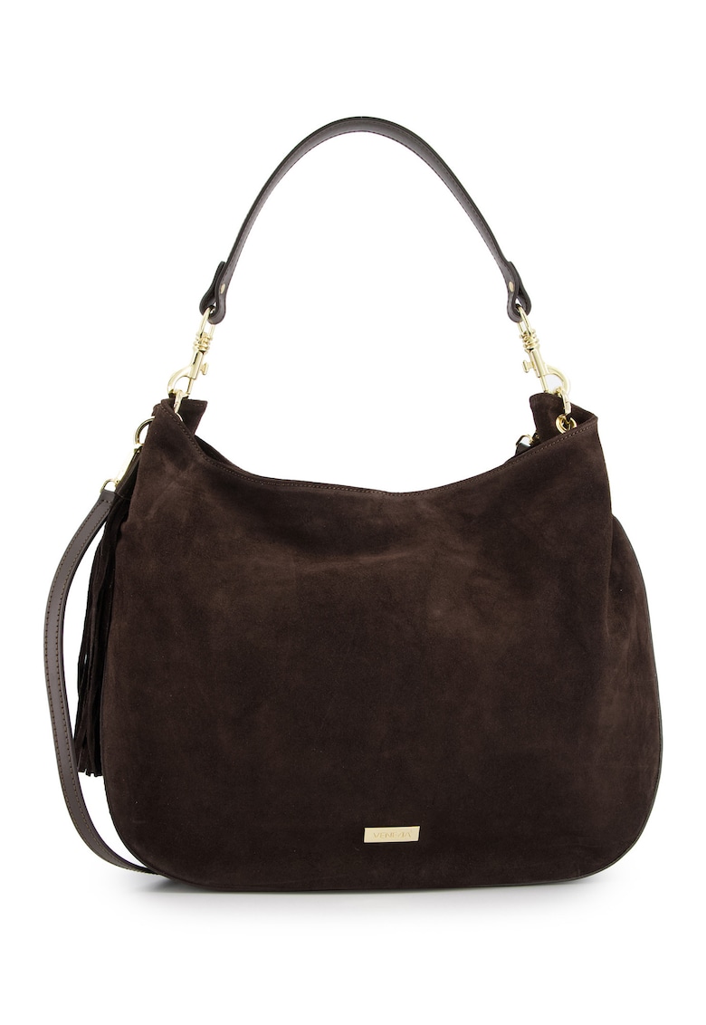 Geanta shopper din zamsz natural - maro - 33x43x10cm - cu manere si curea detasabile