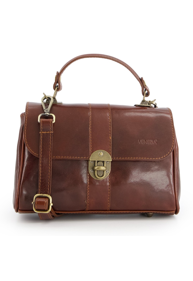 Geanta crossbody din piele naturala - 17x26x10cm - cu manere de 24cm - curea detasabila max 124cm - 2 compartimente interioare - Maro