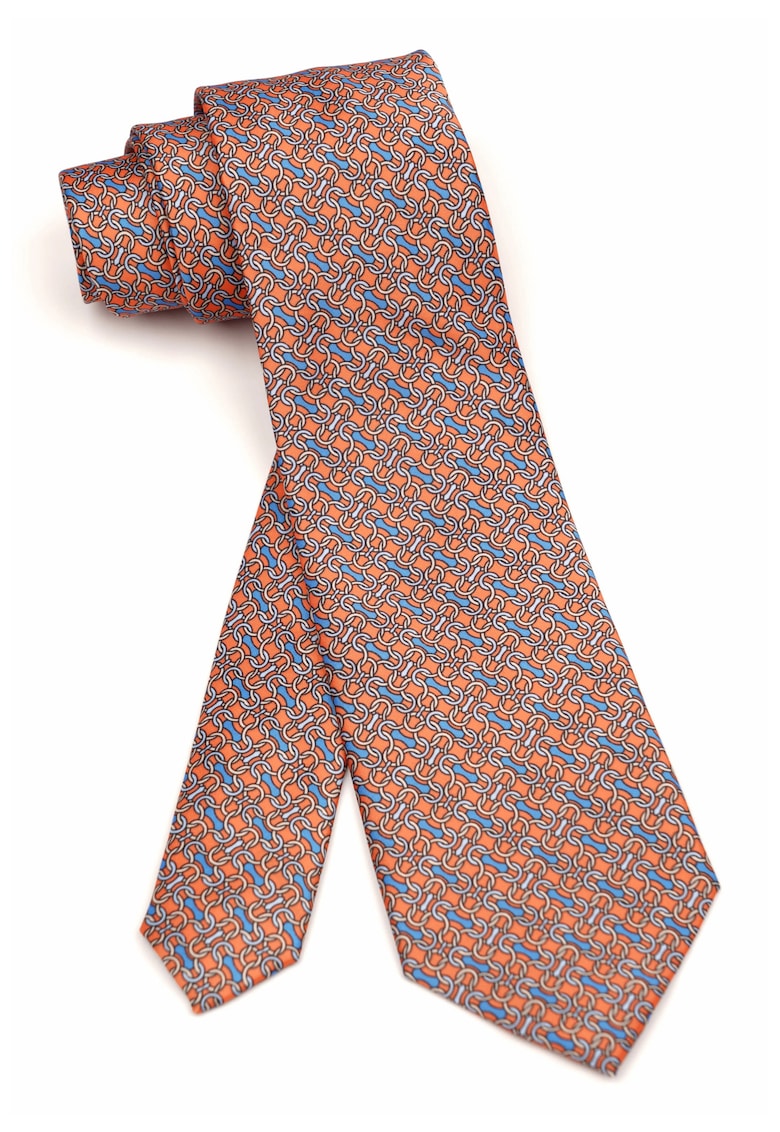 Cravata portocalie clasica cu model geometric albastru