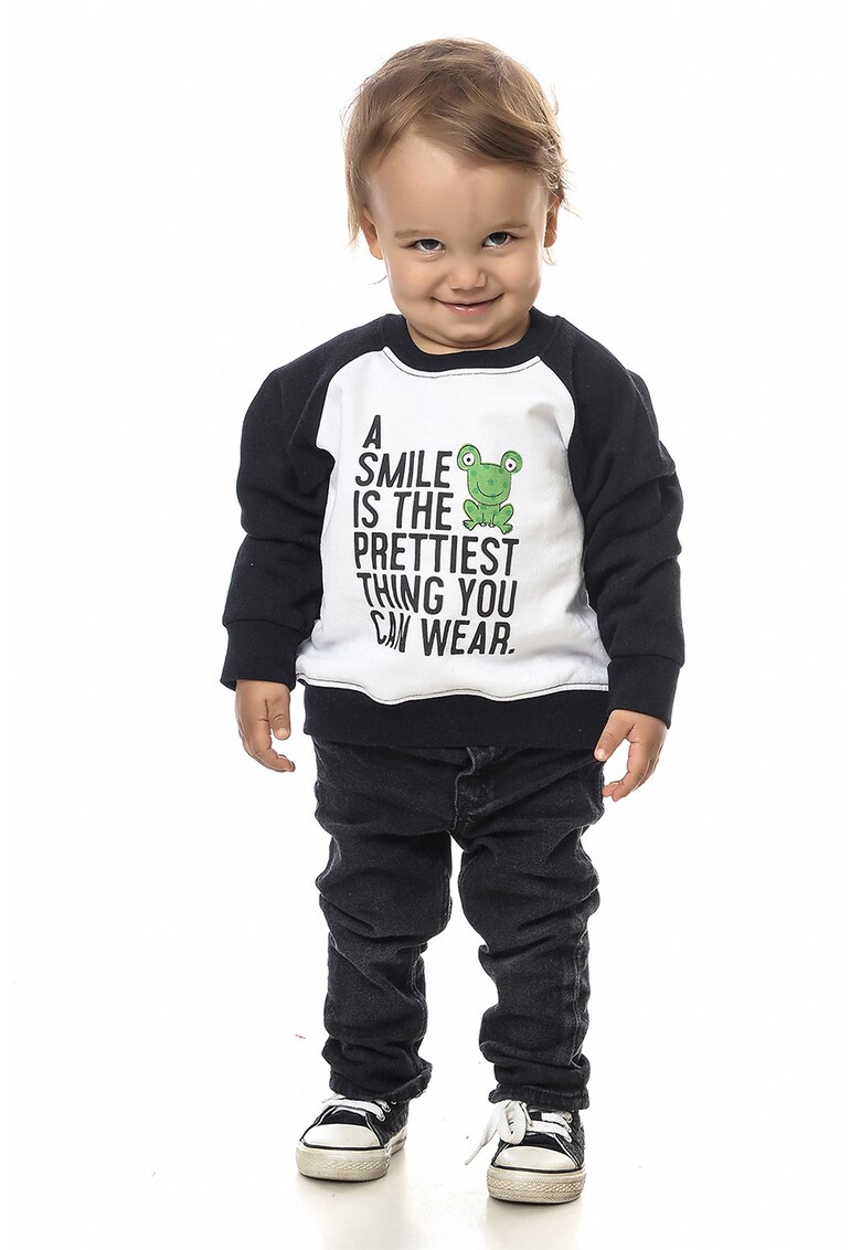 Bluza de trening cu imprimeu text - Negru/Alb optic/Verde aquamarin