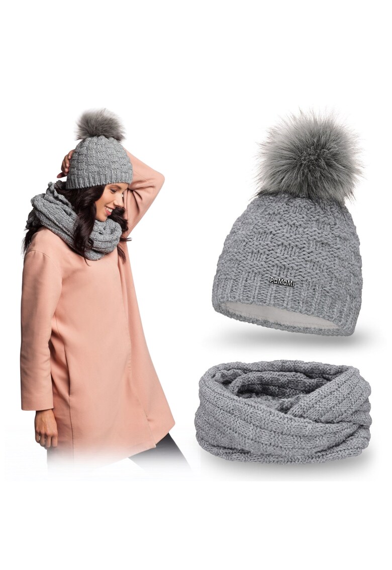 Set de iarna pentru femei - caciula din fleece cu pompom - esarfa - multicolor - set: caciula si esarfa - material: 15% poliamida - 85% acril - captuseala din fleece - rezistent la inghet - pompon ecologic din fibre acrilice - certificat Oeko-Tex®