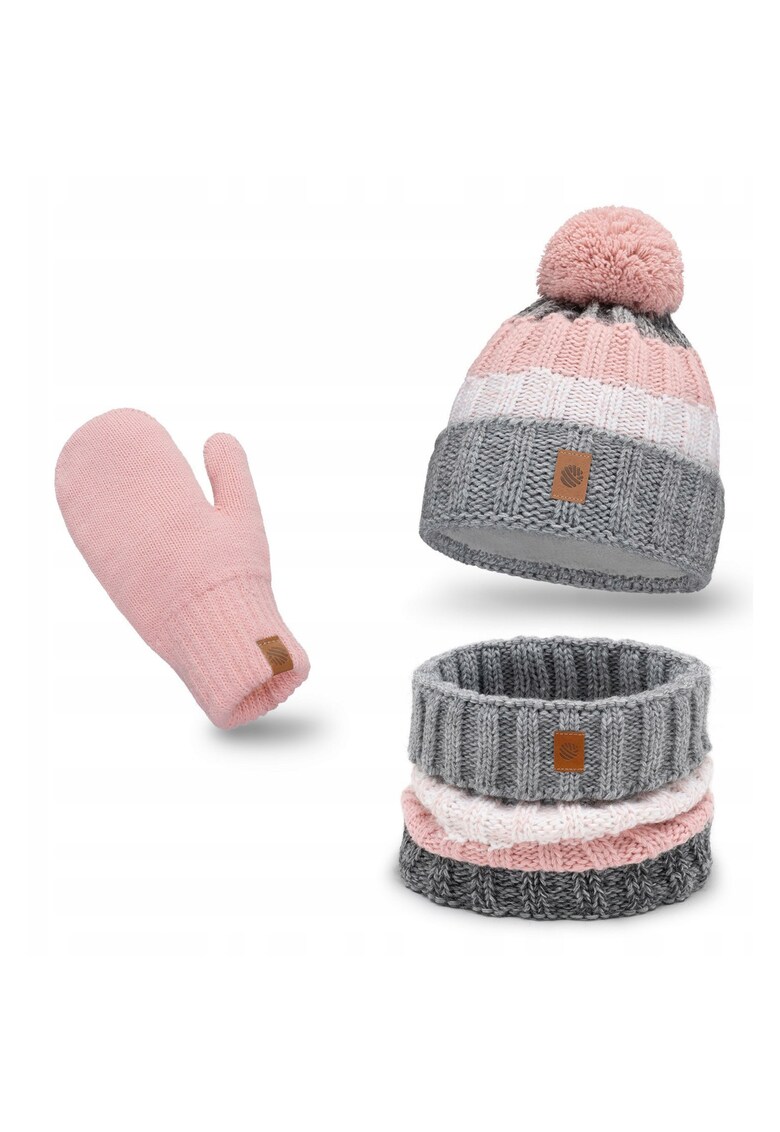 Set de iarna pentru femei - 3 in 1 - roz - caciula cu pompom - esarfa tubulara - manusi - captuseala din fleece - material: 15% poliamida - 85% acril - circumferinta capului: 55-58 cm - dimensiuni caciula: 21 cm latime - 23 cm inaltime - dimensiuni esar