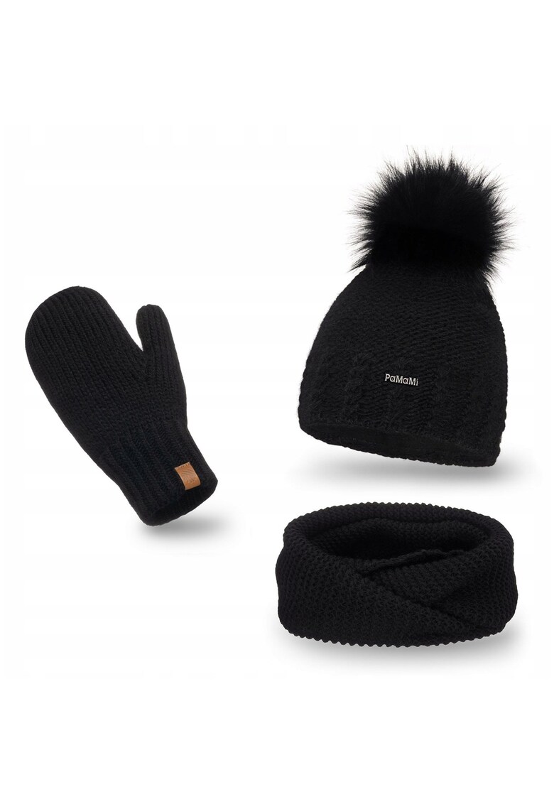 Set de iarna pentru femei - caciula cu pompom - incalzitor de gat - manusi - negru - set din 3 piese - material: 15% poliamida - 85% acril - captuseala din fleece - rezistent la inghet - antistatic - certificat Oeko-Tex® Standard 100 - produs