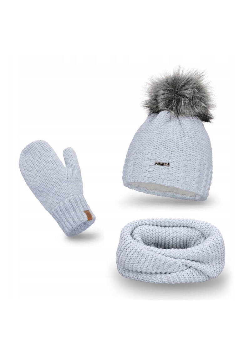 Set de iarna pentru femei - 3 in 1 - albastru - caciula din fleece - incalzitor de gat - manusi - pompom ecologic - captuseala din fleece - rezistenta la inghet - material: 15% poliamida - 85% acril - circumferinta capului: 55-58 cm - dimensiuni caciula