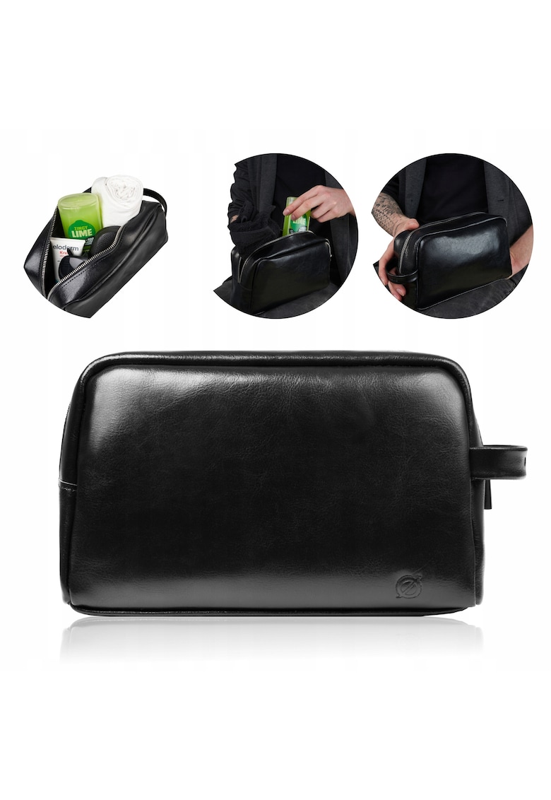 Geanta cosmetica de calatorie - kl01 - mica - 15x25x9 cm - piele - fermoar - maner - neagra - material piele naturala - aspect elegant - functionalitate - perfecta pentru