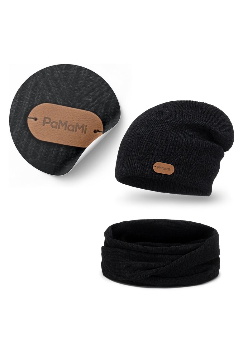 Set de iarna pentru femei - caciula Strumfite - incalzitor de gat - 100% lana merinos - caciula extinsa - incalzitor de gat dublu infasurat - design universal - negru - setul include caciula si incalzitor de gat - lana merinos - material natural - moale