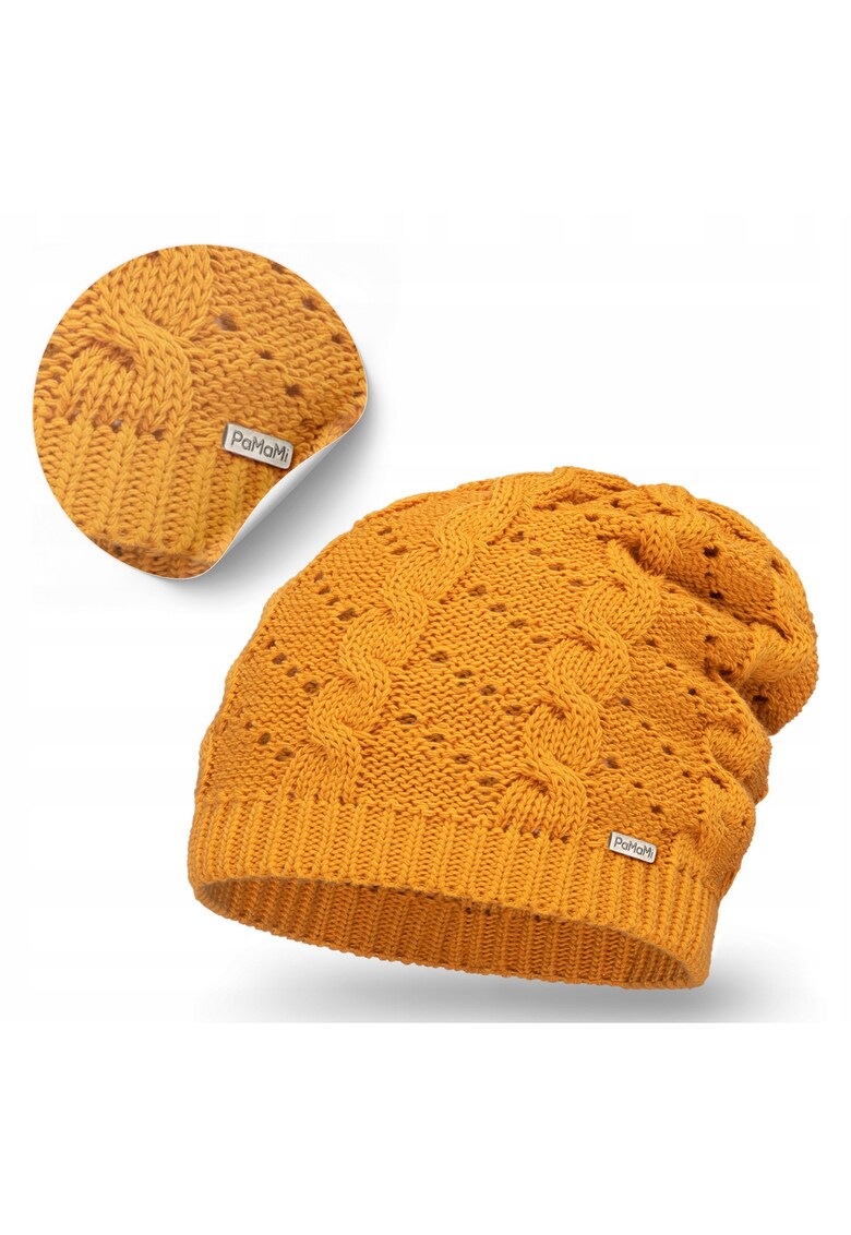 Caciula de iarna - Strumfita - Universala - 55-58 cm - 24 cm inaltime - 22 cm latime - Ajurat - Antistatic - 100% acrilic - Miere - Produs