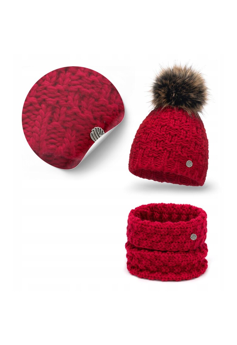 Set de iarna pentru femei - rosu - circumferinta capului 55-58 cm - dimensiuni caciula 22 - 5 cm - inaltime - 22 cm - latime - dimensiuni esarfa 26 cm - inaltime - 24 cm - latime - caciula calduroasa - esarfa groasa - eco-pompon - material 10% lana - 15