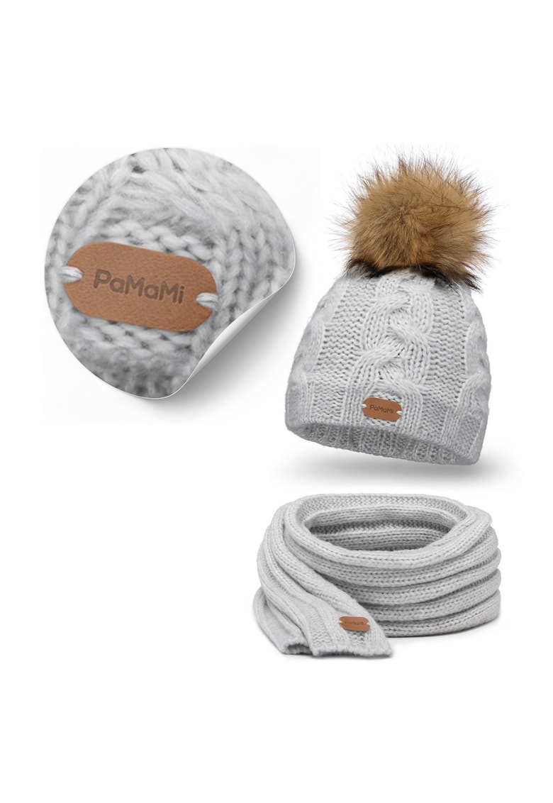 Set de iarna pentru femei - caciula cu pompom si esarfa lunga - gri - 51% lana merinos - 49% bumbac - captuseala din fleece - izolatie termica - pompom din blana - circumferinta capului 55-58 cm - dimensiuni caciula 22 cm latime - 23 cm inaltime
