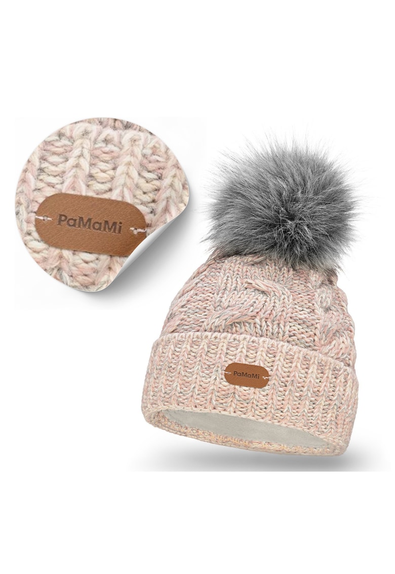 Caciula de iarna - universala - 55-58 cm - captuseala din fleece - pompom din blana - model impletit - roz - material: 15% poliamida - 85% acril - rezistenta la inghet - certificat Oeko-Tex® Standard 100 - produs