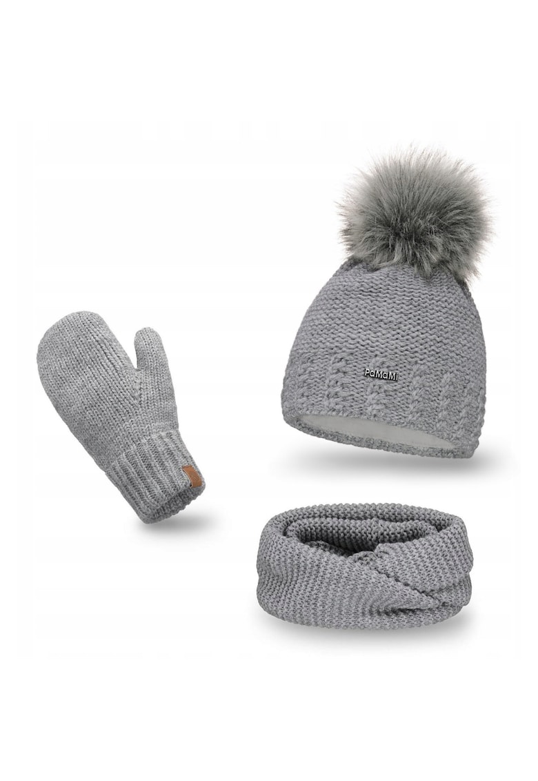 Set de iarna pentru femei - 3 in 1 - gri - caciula cu pompom - esarfa - manusi - captuseala din fleece - pompom ecologic - manusi cu degete - rezistenta la inghet - material: 15% poliamida - 85% acril - circumferinta capului: 55-58 cm - dimensiuni caciu