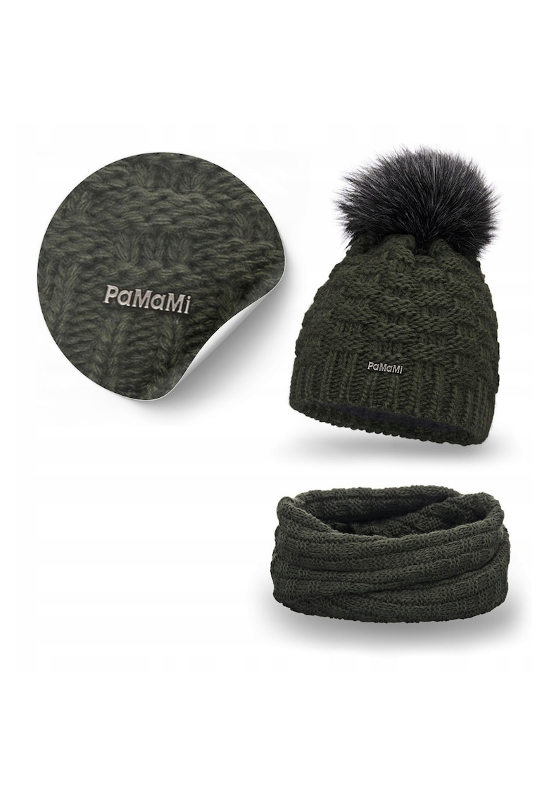 Set de iarna pentru femei - caciula cu pompon si esarfa din blana - kaki - captuseala din fleece - rezistenta la inghet - eco-pom-pom - material: 15% poliamida - 85% acril - circumferinta capului: 55-58 cm - dimensiuni caciula: 22 cm - inaltime - 23 cm