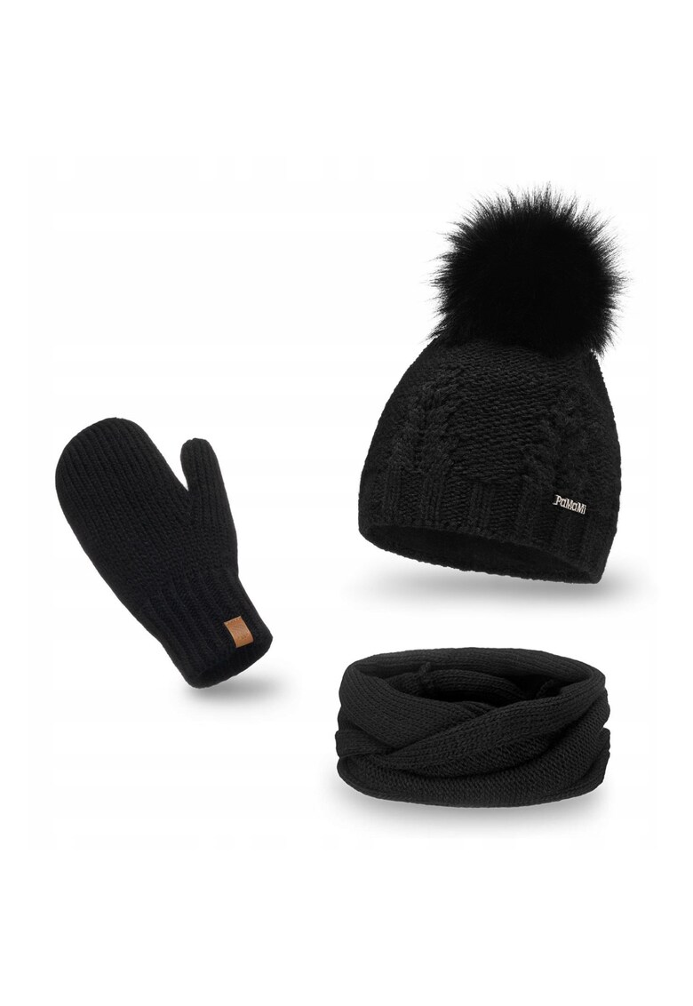 Set de iarna pentru femei - caciula din fleece - incalzitor de gat - manusi - marime universala - circumferinta capului 55-58 cm - captuseala din fleece - pompon ecologic din blana - material: 15% poliamida - 85% acril - culoare: negru - setul include: