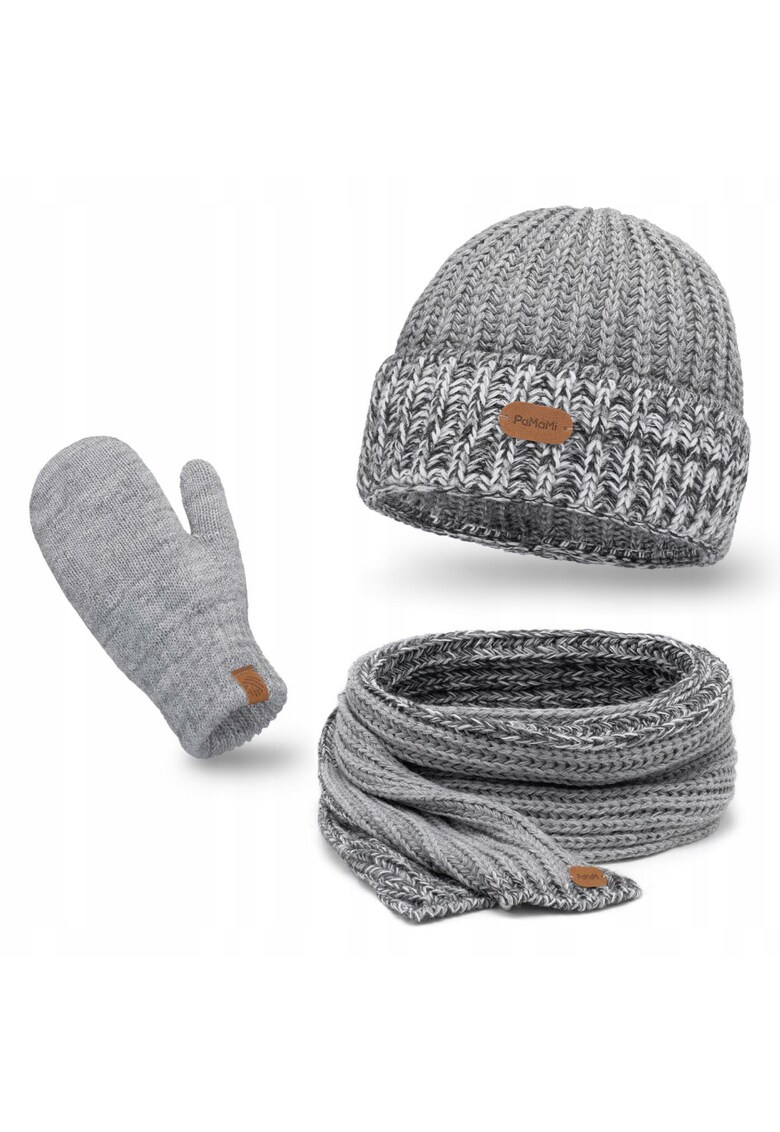 Set de iarna pentru femei - 3 in 1 - marime ajustata - material: 15% poliamida - 85% acril - caciula cu guler rasucit - esarfa lunga - manusi - gri - setul include: caciula - esarfa - manusi - certificat de calitate Oeko-Tex® Standard 100 - rezistent la