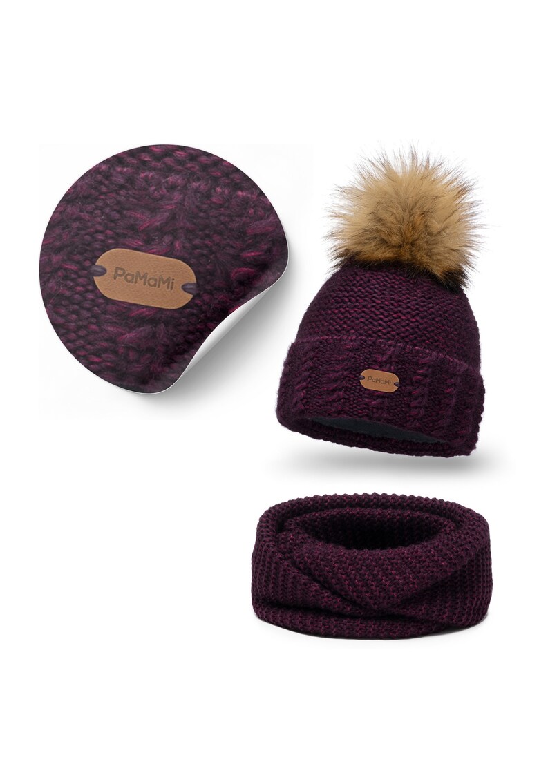 Set de iarna pentru femei - mov - caciula din fleece - incalzitor de gat - 51% lana merinos - 49% bumbac - pompom ecologic - captuseala din fleece - izolatie termica - higroscopic - circumferinta capului 55-58 cm - dimensiuni caciula 23 cm x 23 cm