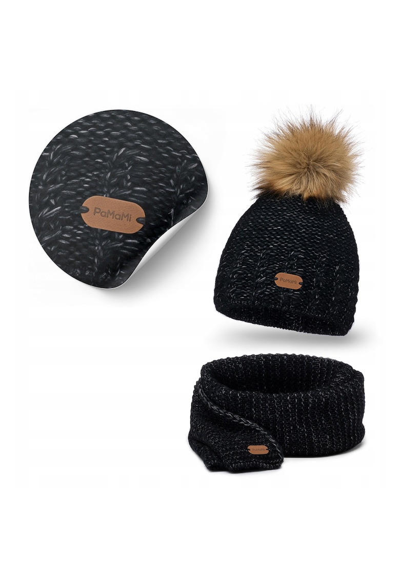 Set de iarna pentru femei - caciula cu captuseala din fleece si incalzitor de gat - marime 55-58 cm - lana merinos naturala - captuseala din fleece - eco-pompon - incalzitor dublu de gat - negru - setul include caciula si incalzitor de gat - material: 5