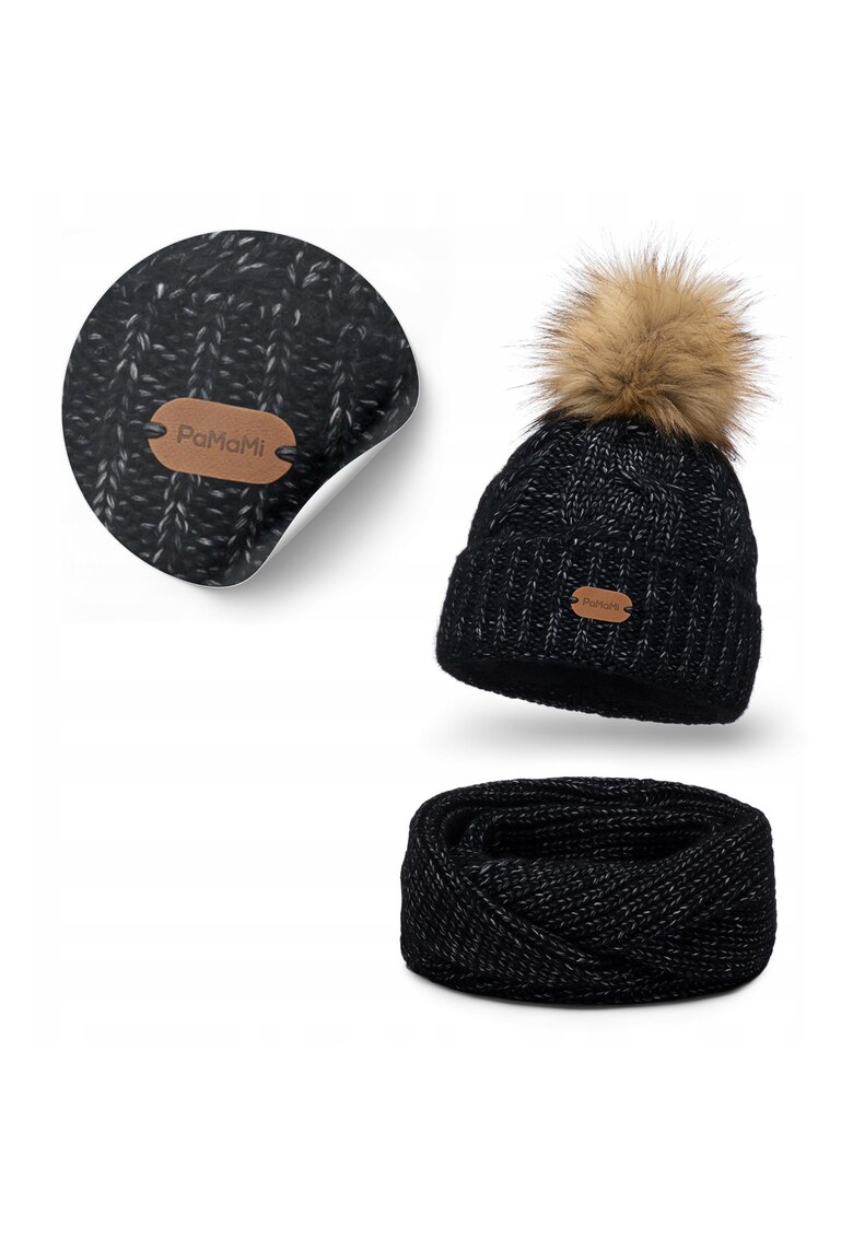 Set de iarna pentru femei - caciula si incalzitor de gat izolat - negru - lana merinos naturala (51%) si bumbac (49%) - captuseala din fleece - blana ecologica - incalzitor dublu de gat - circumferinta capului 55-58 cm - dimensiuni caciula 23 cm x 23 cm