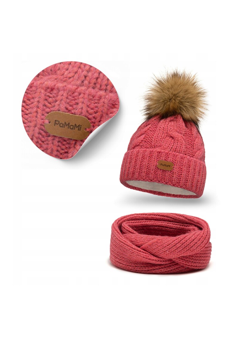 Set de iarnă caciulă pliabilă cu esarfă tubulară - coral - lână merinos - dimensiuni caciulă 23x23cm - circumferință cap 55-58cm