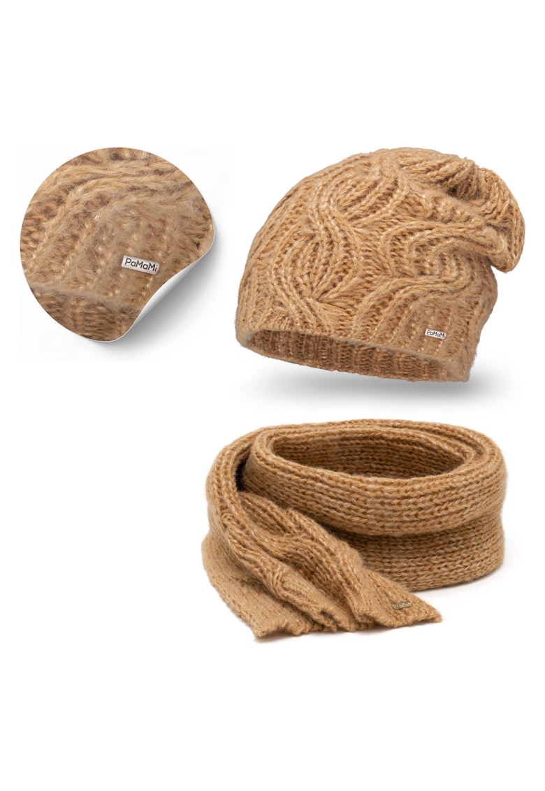 Set de iarna pentru femei - caciula cu esarfa - maro deschis - lana naturala - caciula extinsa in stil strumf - esarfa lunga - stil universal - setul include caciula si esarfa - material: 54% acril - 29% vascoza - 7% mohair - 6% lana - 4% poliamida