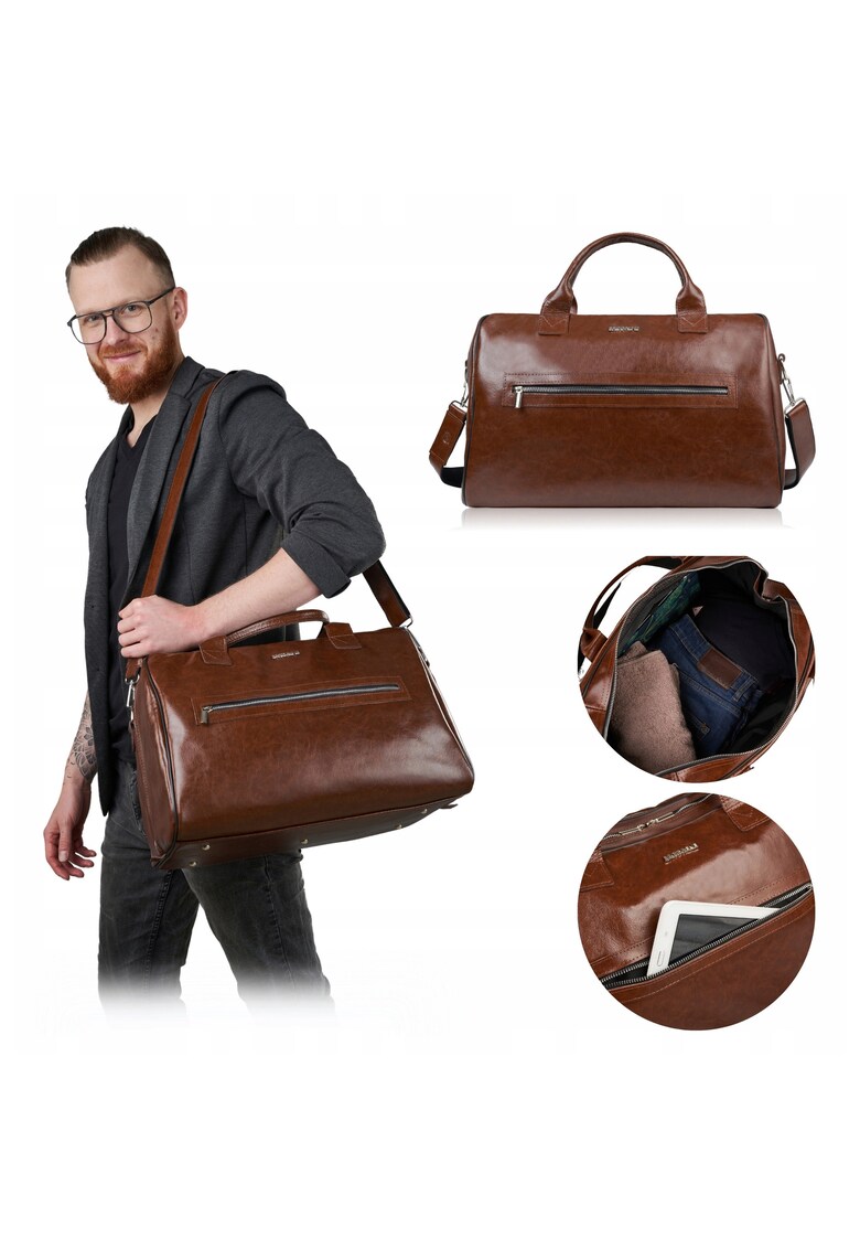 Geanta de voiaj - brødrene - r60 - universala - piele - eleganta - geanta de umar - cu curea reglabila - coniac - productie poloneza - material: piele naturala tabacita vegetal - inaltime 29 cm - latime 44 cm - adancime 26 cm - fermoar dublu metalic - ma