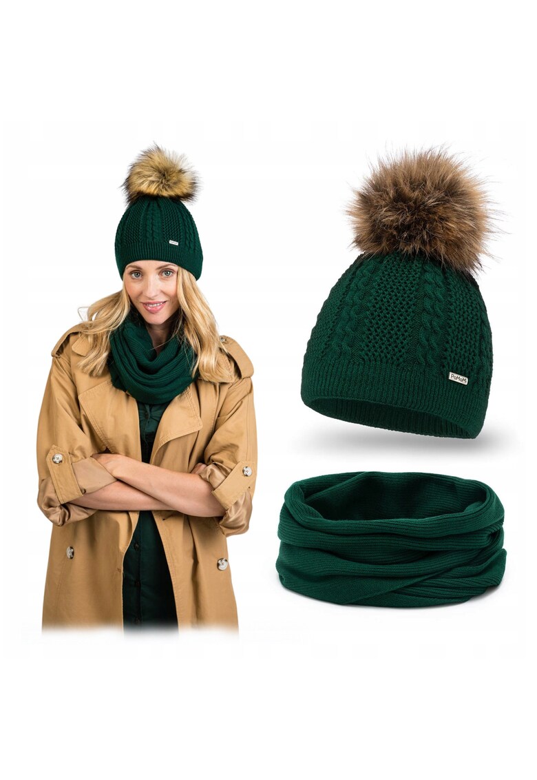 Set de iarna pentru femei - caciula cu esarfa tubulara - verde sticla - 100% acril - calduroasa - la moda - cu pompon - stil universal - pentru orice temperatura - setul include o caciula si un esarfa tubulara - material acrilic - nu se zgarie - marime