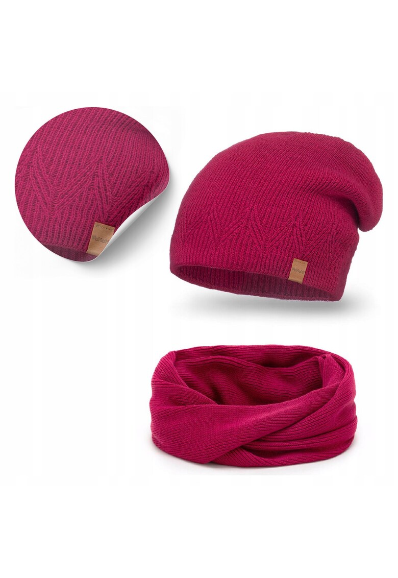 Set de iarna pentru femei - caciula si esarfa Strumfita - magenta - 100% acril - croiala clasica - tricotaj dublu - stil universal - material moale - constructie durabila - rezistent la inghet - produs polonez - perfect pentru plimbarile de iarna - set