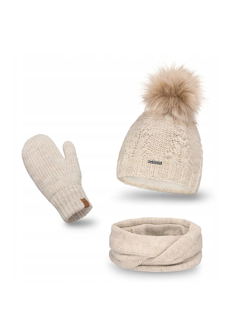 Set de iarna pentru femei - 3 in 1 - bej - caciula cu pompom - incalzitor de gat - manusi - captuseala din fleece - pompon ecologic din blana - material: 15% poliamida - 85% acril - circumferinta capului: 55-58 cm - dimensiuni caciula: 24 cm - inaltime