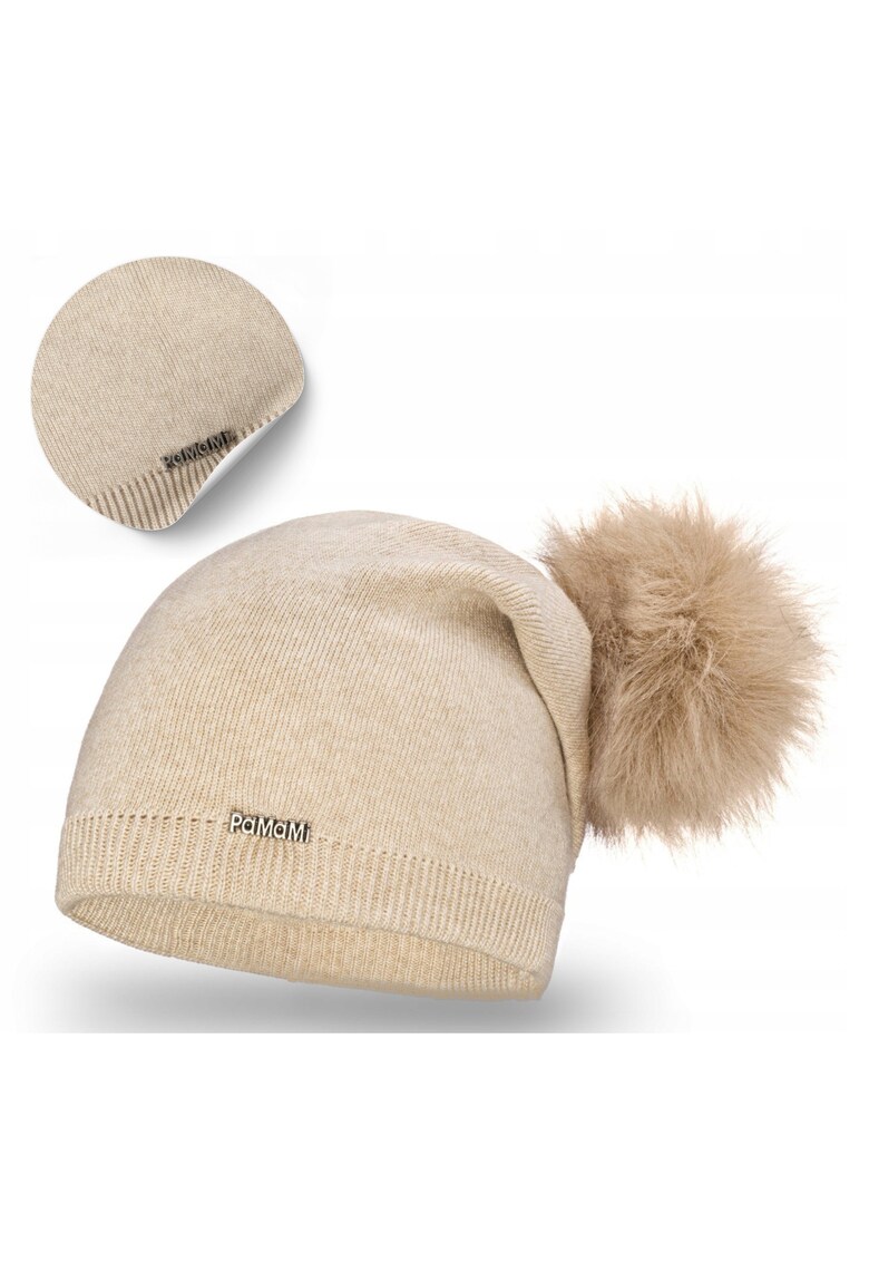 Caciula de iarna pentru femei - bej - Strumfita extinsa - pompon din blana - 100% acril - marime 55-58 cm - latime 24 cm - inaltime 24 cm - stil universal - confortabila de purtat - usor de intretinut - rezistenta la inghet - certificata Oeko-Tex®