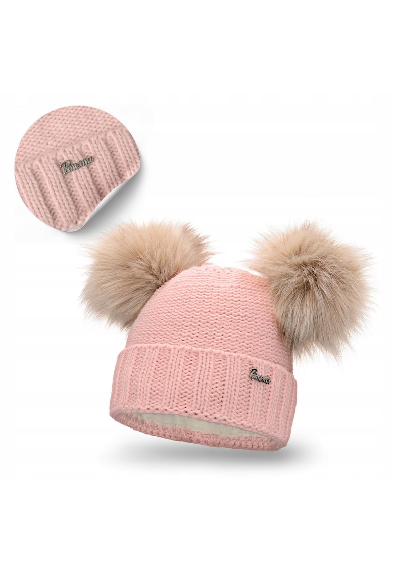 Caciula de iarna pentru femei - roz - captuseala din fleece - 2 pompoane - rezistenta la inghet - confortabila - eleganta - material: 85% acril - 15% poliamida - circumferinta capului: 55-58 cm - inaltime: 23 cm - latime: 23 cm - pompon eco cu par lung