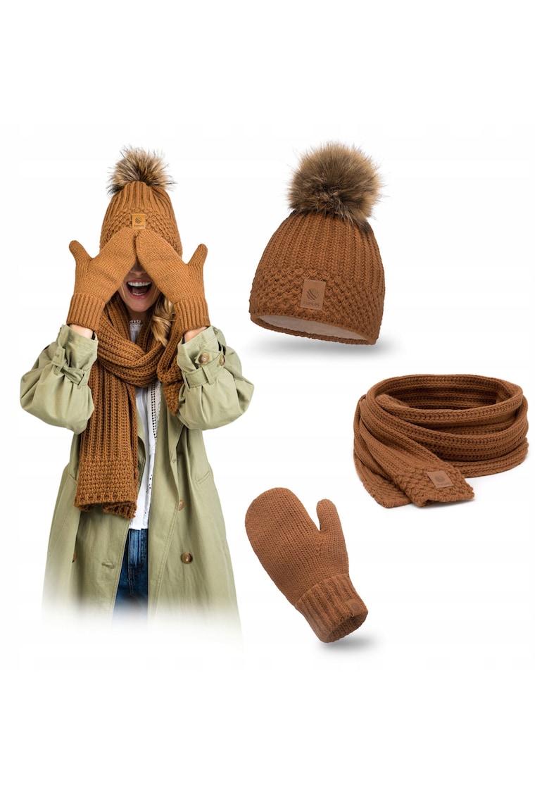 Set de iarna pentru femei - caramel - caciula cu pompom - esarfa lunga - manusi - captuseala din fleece - eco-pompon - material moale - circumferinta capului 55-58 cm - dimensiuni caciula 23 cm x 22 - 5 cm - dimensiuni esarfa 180 cm x 40 cm - material 1