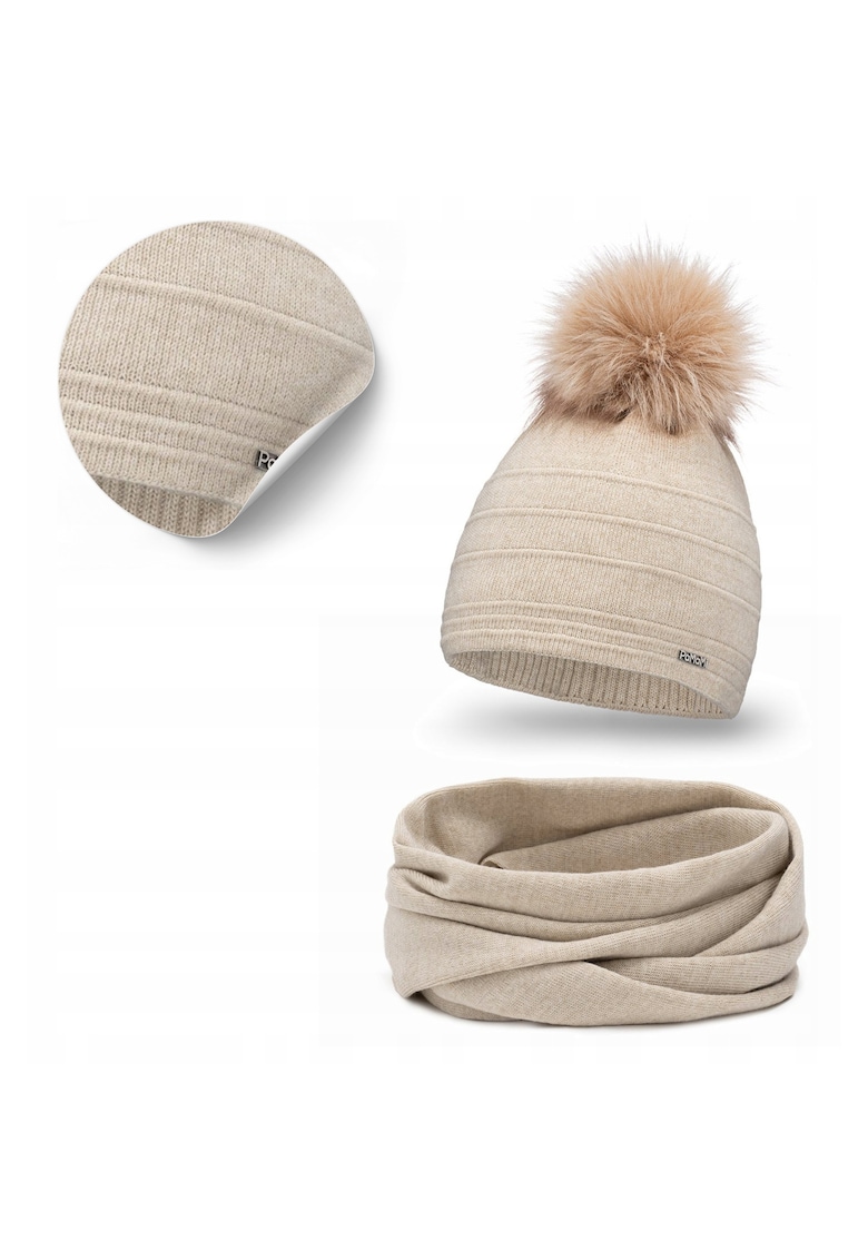 Set de iarna pentru femei - caciula cu pompon si esarfa - marime 55-58 cm - material 100% acrilic - calduroasa - eleganta - universala - bej - setul include caciula si esarfa - eco-pompon - rezistent la inghet - certificat Oeko-Tex® Standard 100 - produ