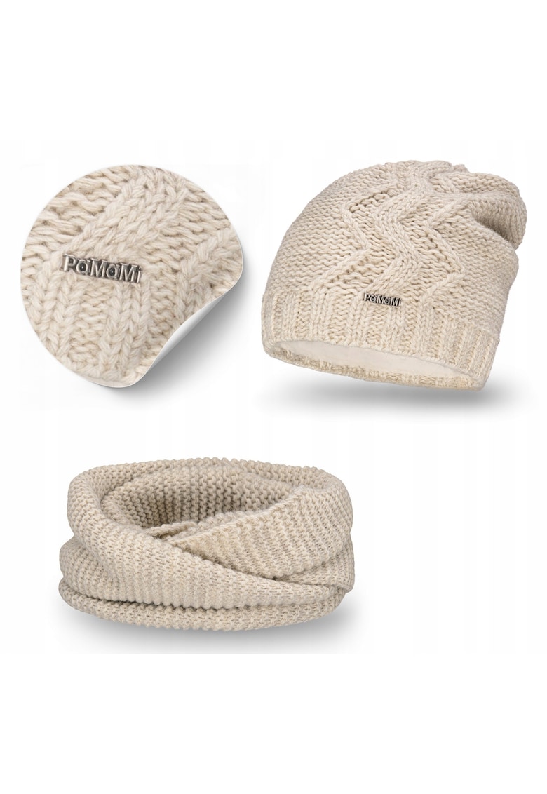 Set de iarna pentru femei - caciula si esarfa - universal - izolat - captuseala din fleece - nu electrizeaza parul - nu mananca - nu se schimba la spalare - ofera caldura optima - bej - set 2 in 1 - 15% poliamida - 85% acril - circumferinta capului 55-5