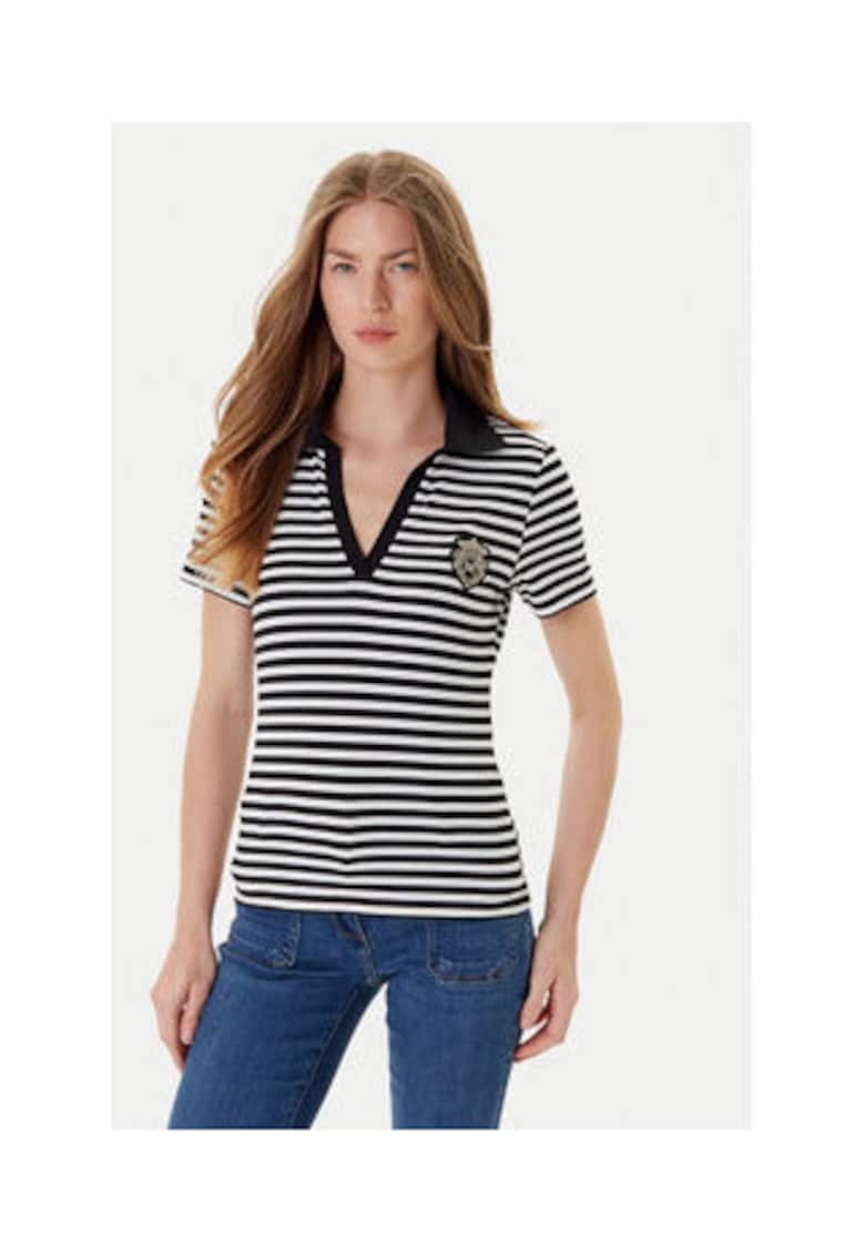 Tricou polo dama - Negru/Alb - Viscoza/Poliester -
