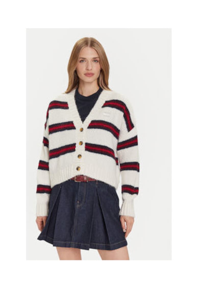 Cardigan dama - Ecru - 69% acril reciclat - 23% poliester reciclat - 8% lana de alpaca - Rosu/Ecru/Bleumarin