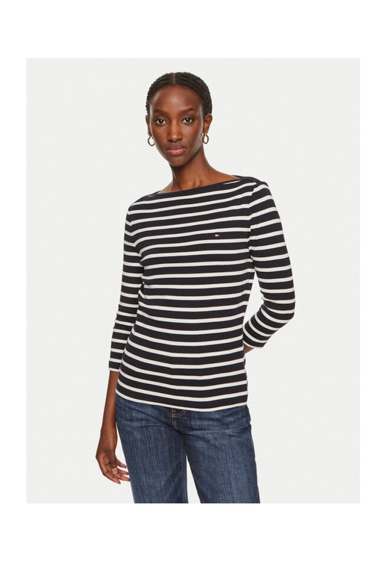 Bluza dama - bumbac - cu dungi - alb/bleumarin -